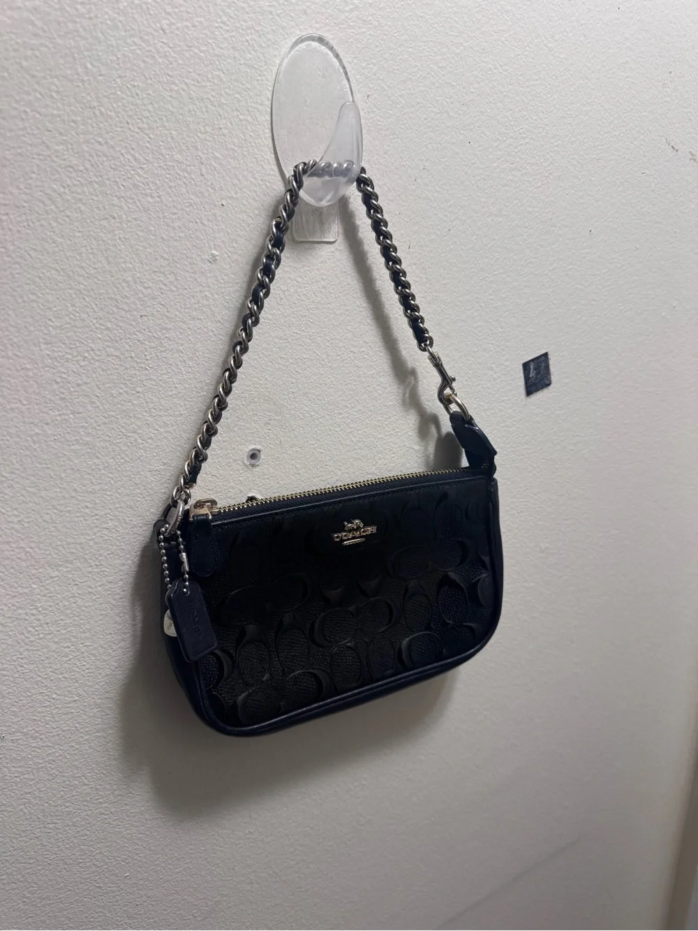 Coach nolita 19 patent Black Embossed Signature Mini Wristlet with Chain Strap